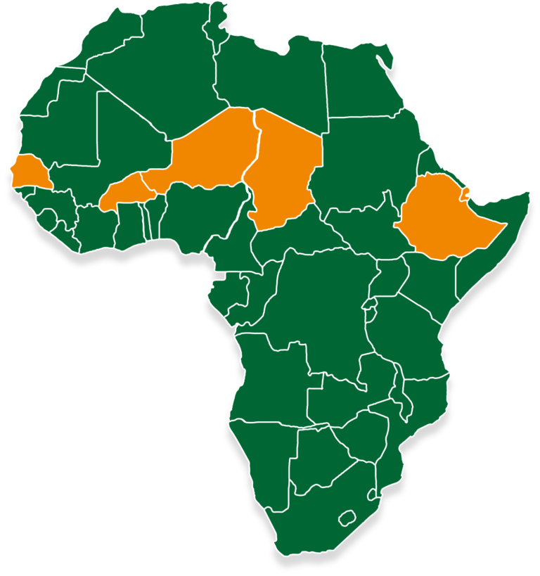 Carte fournie mettant en évidence le Sénégal, le Burkina Faso, le Niger, le Tchad et l’Éthiopie